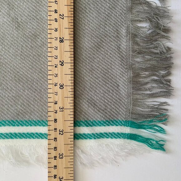 Striped Knit Long Wide Lightweight Fringe Scarf Gray Green White Cottagecore - Picture 11 of 13